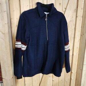 VTG Energie Mens Navy Blue Fleece Quarter Zip Pullover Striped Sleeve Varsity M
